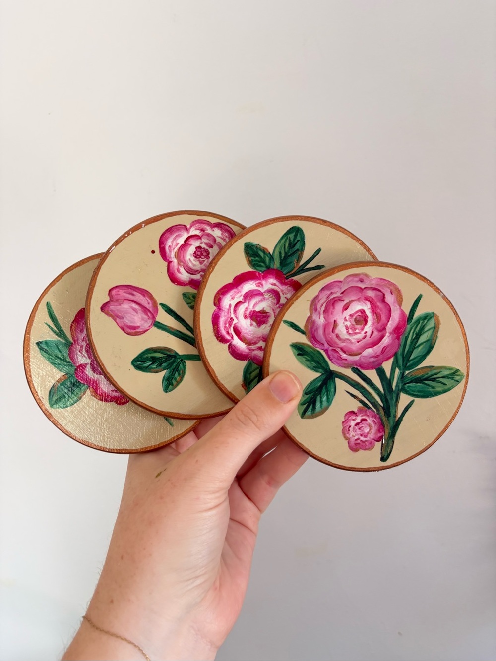 Vintage Hand Painted Cottagecore Floral Wooden Coaster Set (4)